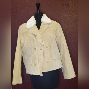 Women's Tan Suede Jacket with White Faux Fur Collar